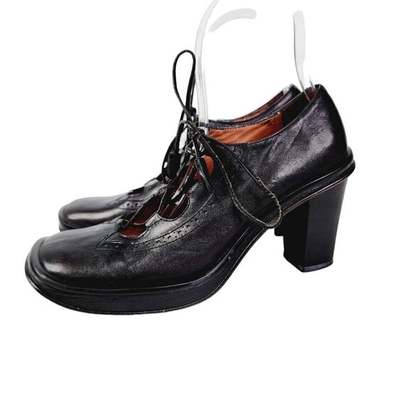 BCBG MaxAzria‎ Y2K Retro Cottagecore Lace up Square Toe Black Leather Heels 6B - Picture 1 of 13